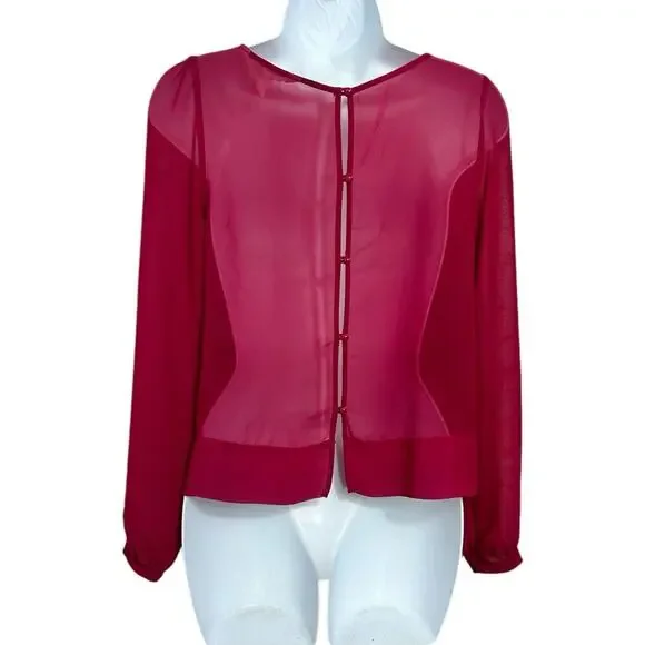 BCBGeneration Magenta Semi Sheer Blouse Sz XS Open Back Loose Long-Sleeve Top - Picture 6 of 7